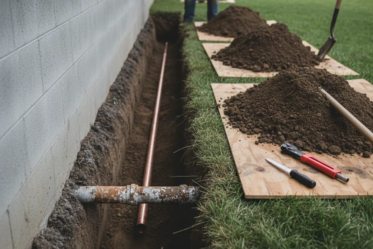 Excavated water line trench during Sewer Line Repair in Dalton City